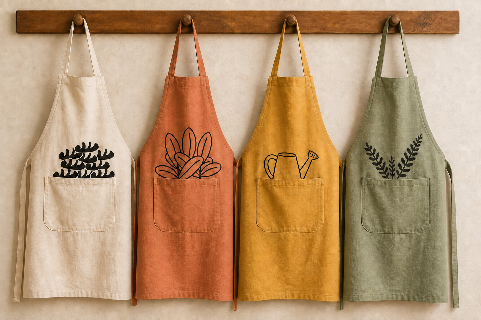 Quatro aventais De Planta em algodão natural, terracota, verde e azul, com serigrafias saindo dos bolsos