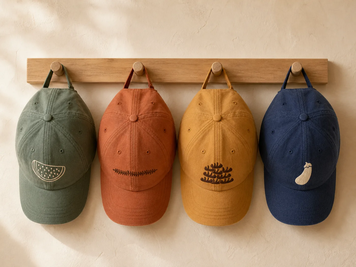 Quatro dad hats De Planta em algodão de acabamento limpo, tingidos naturalmente e pendurados com bordados da marca