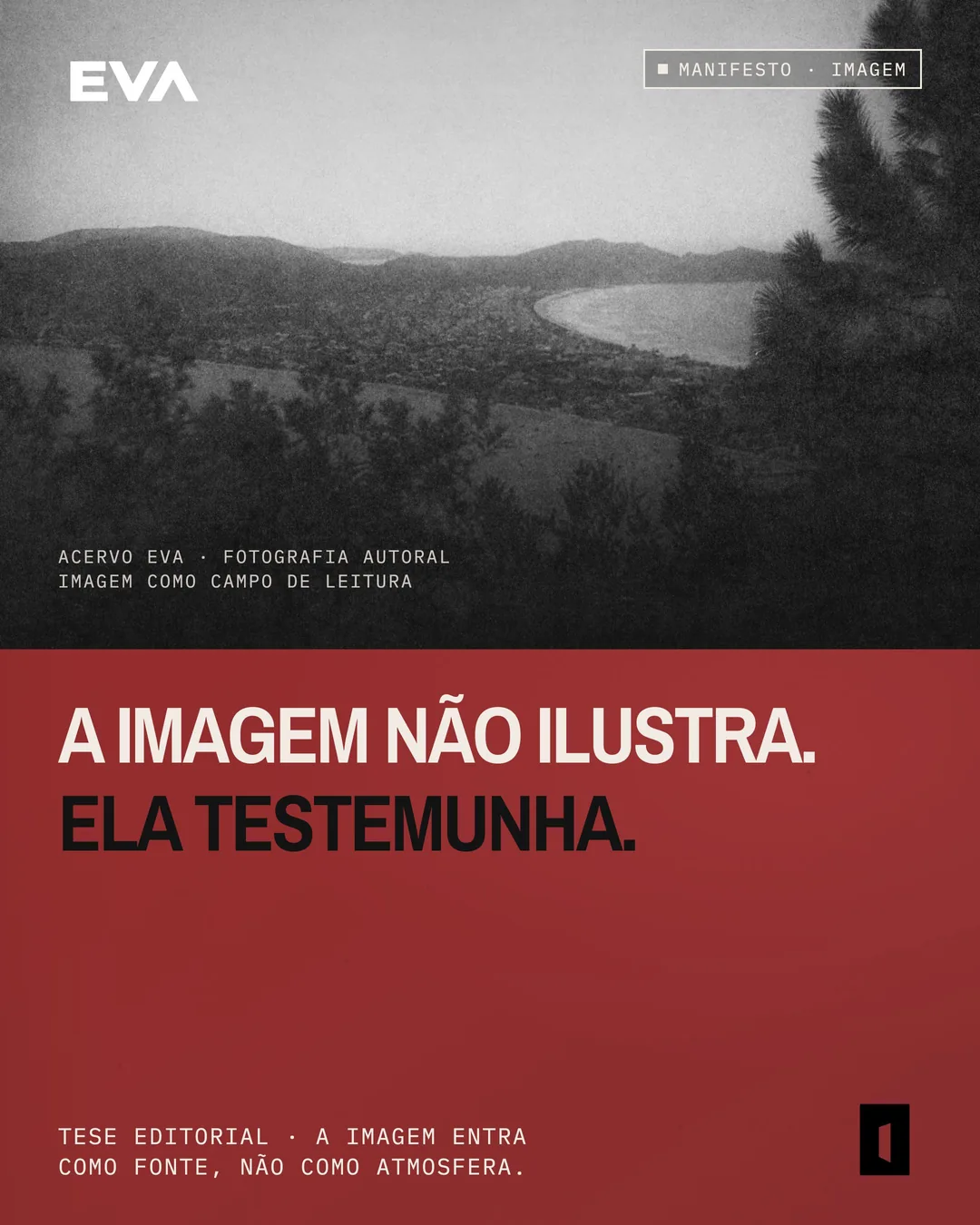 Card manifesto da Eva com fotografia granulada e campo vermelho