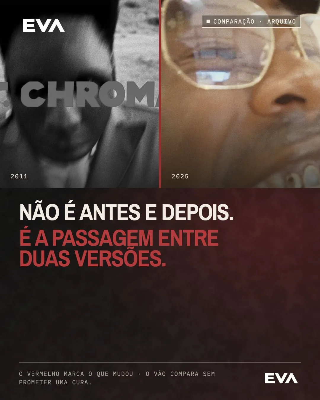 Card comparativo da Eva com duas imagens de épocas diferentes